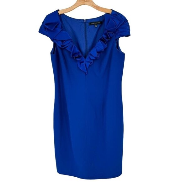 Carmen Marc Valvo Womens cap sleeve Blue Ruffle V Neck Sheath Dress Size 18 - Picture 1 of 9